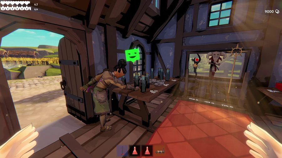 Inside the Fell & Sell shop: a customer with a green happy mood bubble browses priced potion bottles on a display table