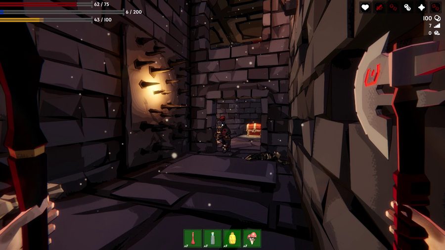A dark Fell & Sell dungeon corridor lined with wall spike traps, a skeleton guarding a treasure chest ahead