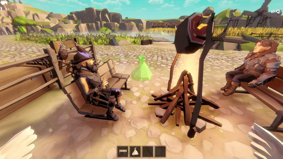 Fell & Sell overworld camp scene with characters resting on benches around a campfire roasting meat